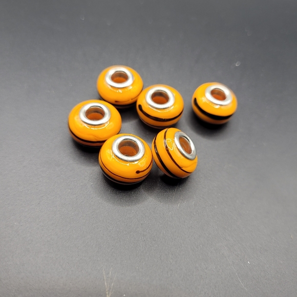 NEW- 5 pc Orange and Black Murano Glass Large Hole European Beads - Picture 2 of 3